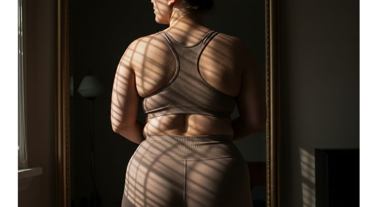Woman standing near window, back view, sunlight stripes.