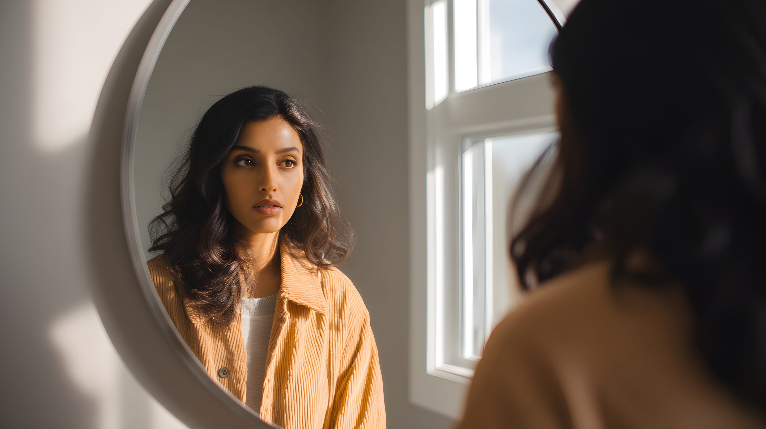 woman looking at herself in the mirror